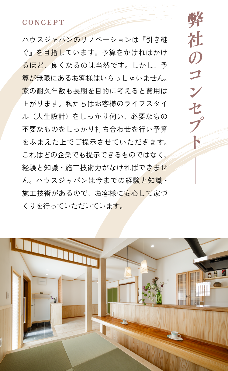 ハウスジャパンのリノベーションは『引き継ぐ』を目指しています。予算をかければかけるほど、良くなるのは当然です。しかし、予算が無限にあるお客様はいらっしゃいません。家の耐久年数も長期を目的に考えると費用は上がります。私たちはお客様のライフスタイル（人生設計）をしっかり伺い、必要なもの不要なものをしっかり打ち合わせを行い予算ふまえた上でご提示させていただきます。これはどの企業でも提示できるものではなく、経験と知識・施工技術力がなければできません。ハウスジャパンは今までの経験と知識・施工技術があるので、お客様に安心して家づくりを行っていただいています。